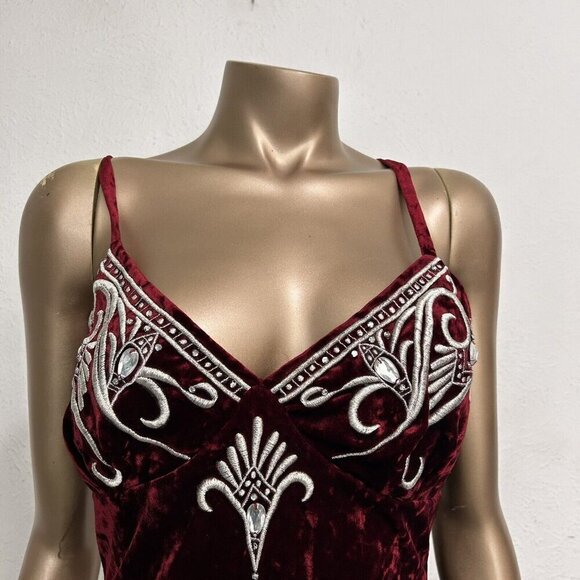 Natori VTG 90s Y2K Burgundy Velvet Chemise Slip Dress Embroidery Beaded Size M - Picture 4 of 10